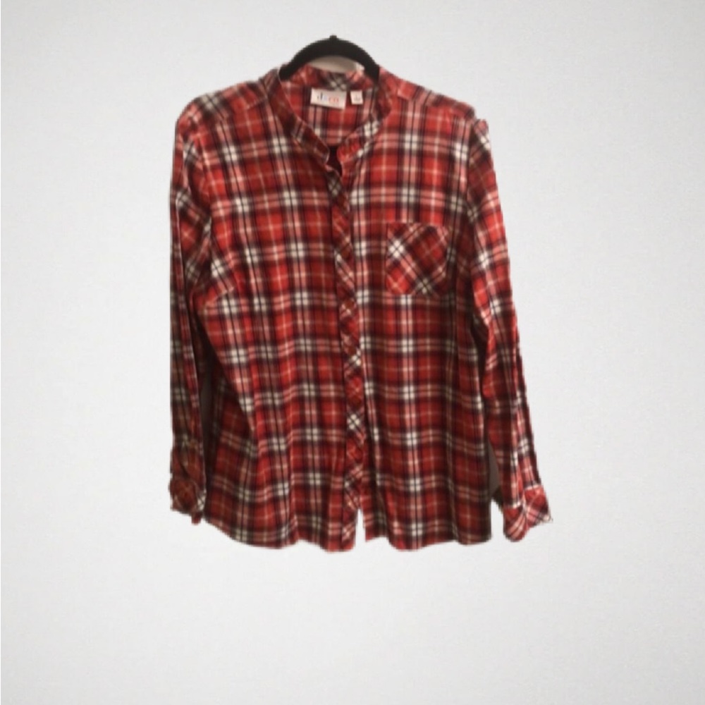Denim & Co. Stretch Weave Plaid Mandarin Collar Button Front Shirt Size Large